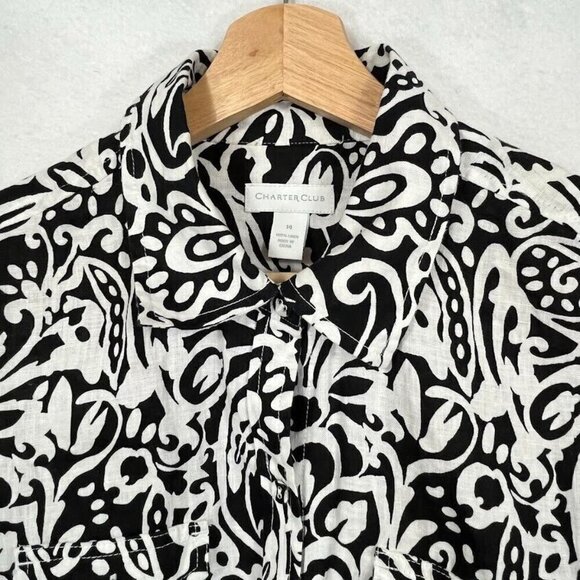 Charter Club 100% Linen Abstract Print Roll Tab Long Sleeve Button Up Shirt 14 - Picture 2 of 7